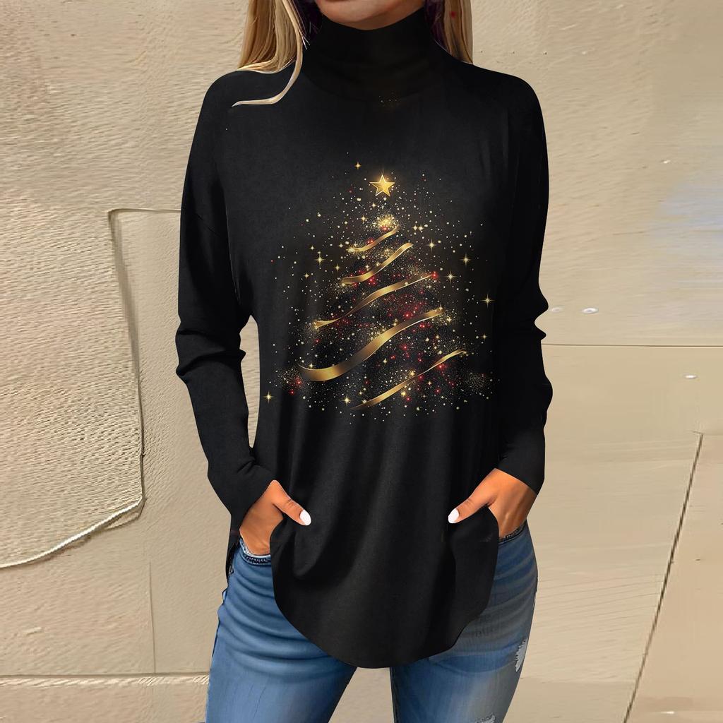 Женская модная повседневная футболка с длинным рукавом с высоким воротом и принтом, пуловер, топ