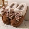 Women Winter Plus Size Snow Boots Casual Soft Velvet Warm Indoor Cotton Shoes BowKnot Thick Soled Anti Slip Cotton Slippers Shoes 36-41