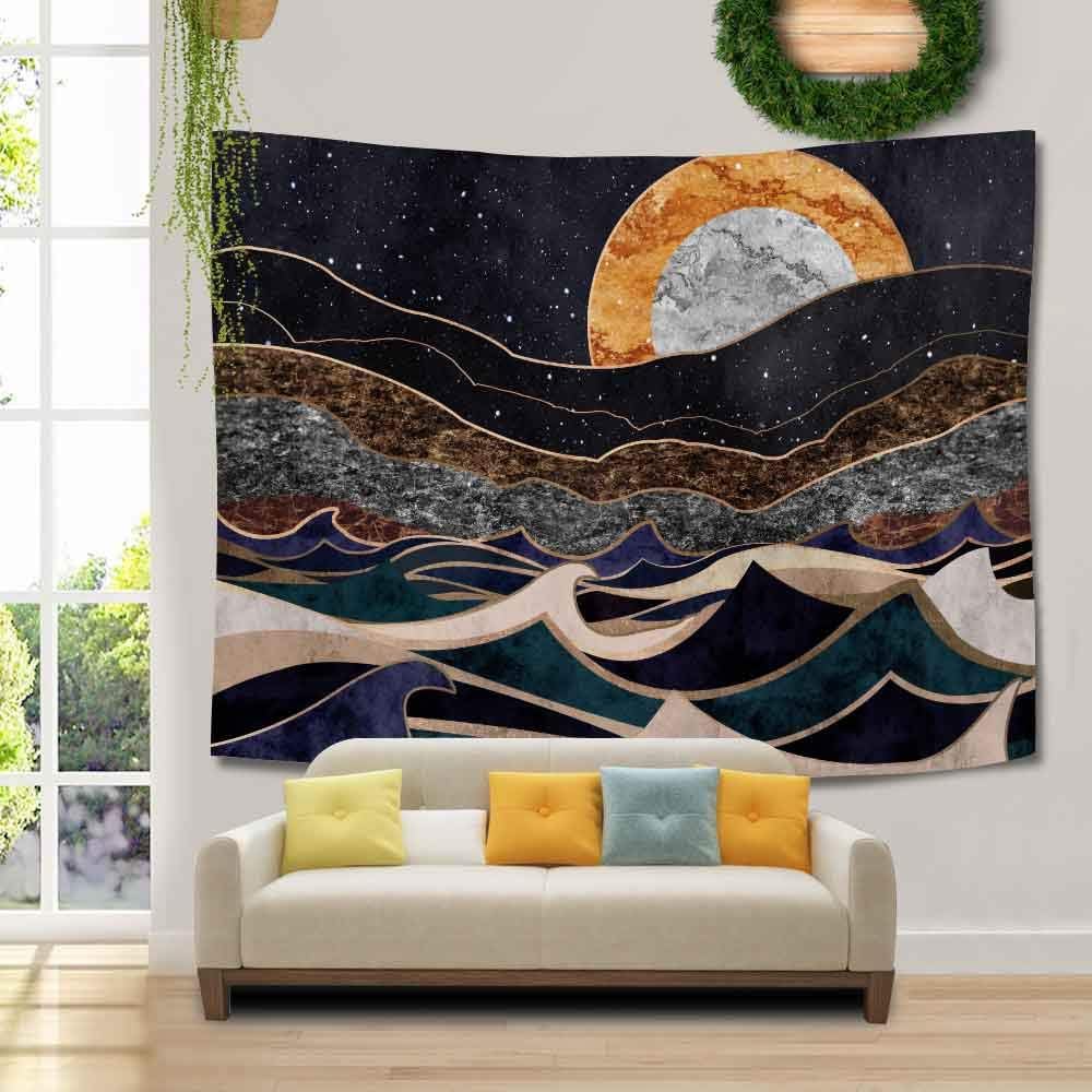 Moon Mountain Tapestry,Nature Landscape,Starry Abstract Art,Boho80x60Inch