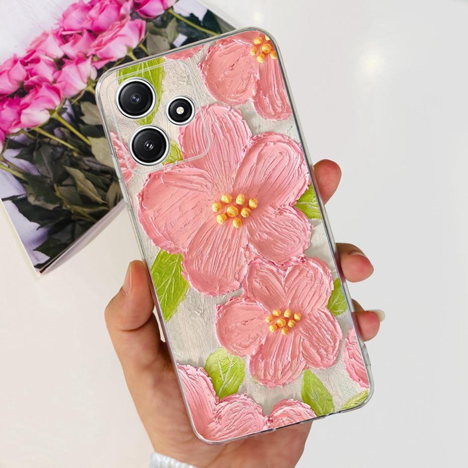 Cute Flower Cat Painted Case For Xiaomi Redmi 12 5G 2023 Soft Silicone TPU Back Cover For Redmi12 5G Global Phone Bumper