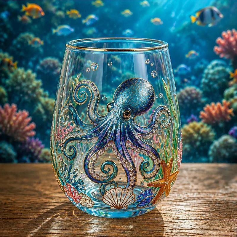 Vintage Painted Animal & Floral Gold Rim Glass Tumbler, Egg-shaped Lead-Free Glass Cup, Creative Gift Cup for Whiskey, Juice and Water