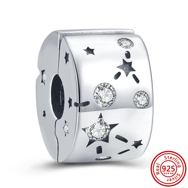 Стерлингового серебра 925 пробы, белый прозрачный циркон, сверкающие модные бусины-клипсы, подходящие для браслетов, ювелирных изделий