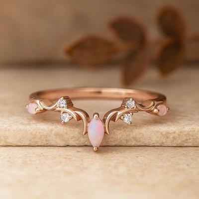 Кольцо с опалом маркиза и боковыми камнями из кубического циркония – Покрытое розовым золотом серебро 925 пробы, обручальное кольцо V-образной формы - Ювелирное изделие в стиле ар-деко, подарок для нее