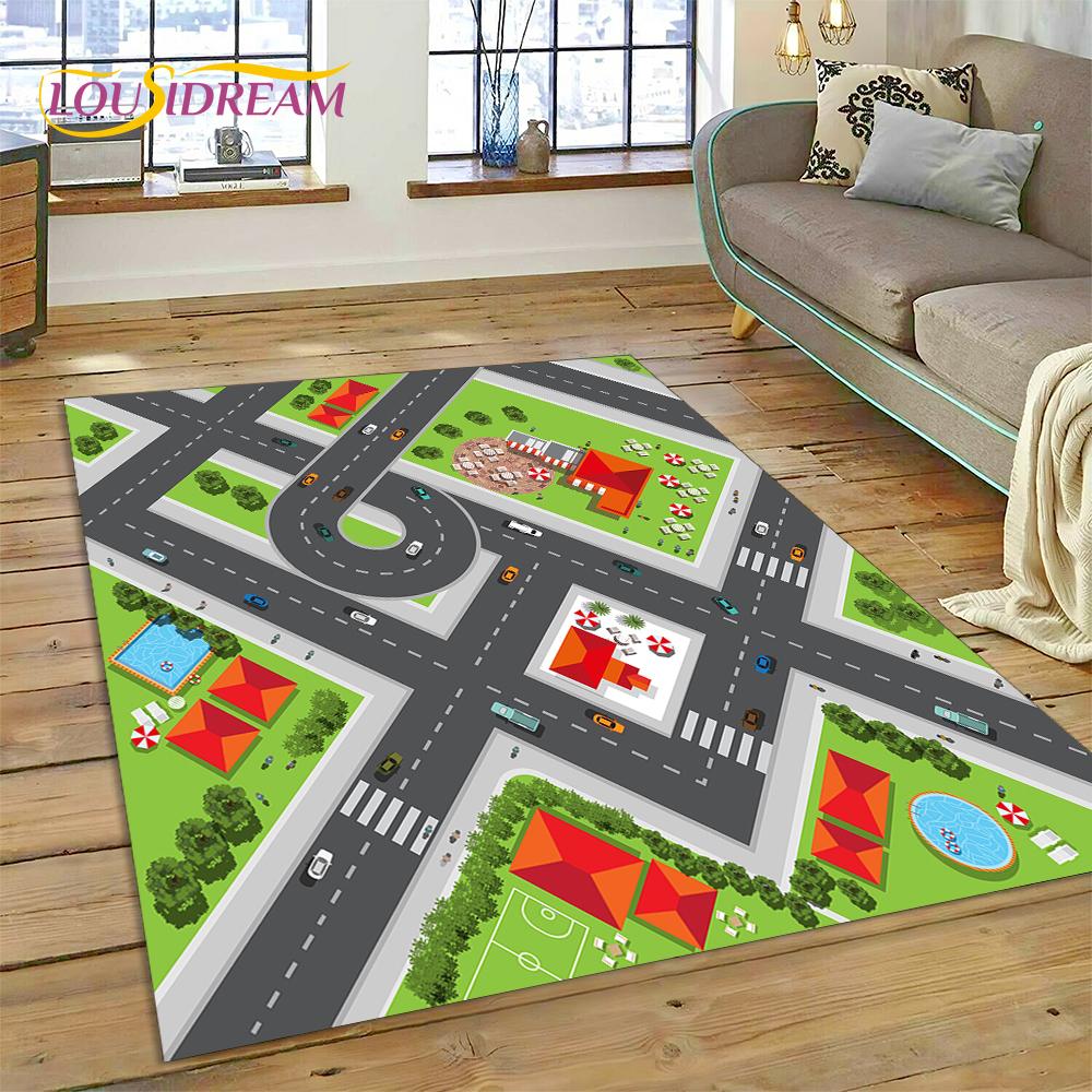 3D City Traffic Road Map Child PlayMat Highway Playroom Area Rug,Carpet Rug for Living Room Bedroom Sofa Doormat, Non-slip Gift