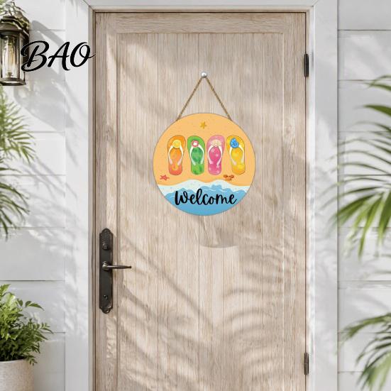 Wooden Hanging Sign Hello Summer Door Sign, Ice Pop Flip Flop Welcome Hanger, Party Decoration Farmhouse Wreath for Front Home Porch Decor Nautical
