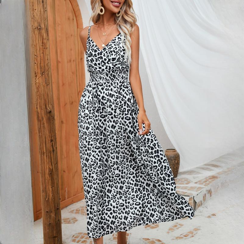 GMXIA Women's Fashion Summer Spring Leopard Print Sleeveless V-Neck High Waist Casual Dresses