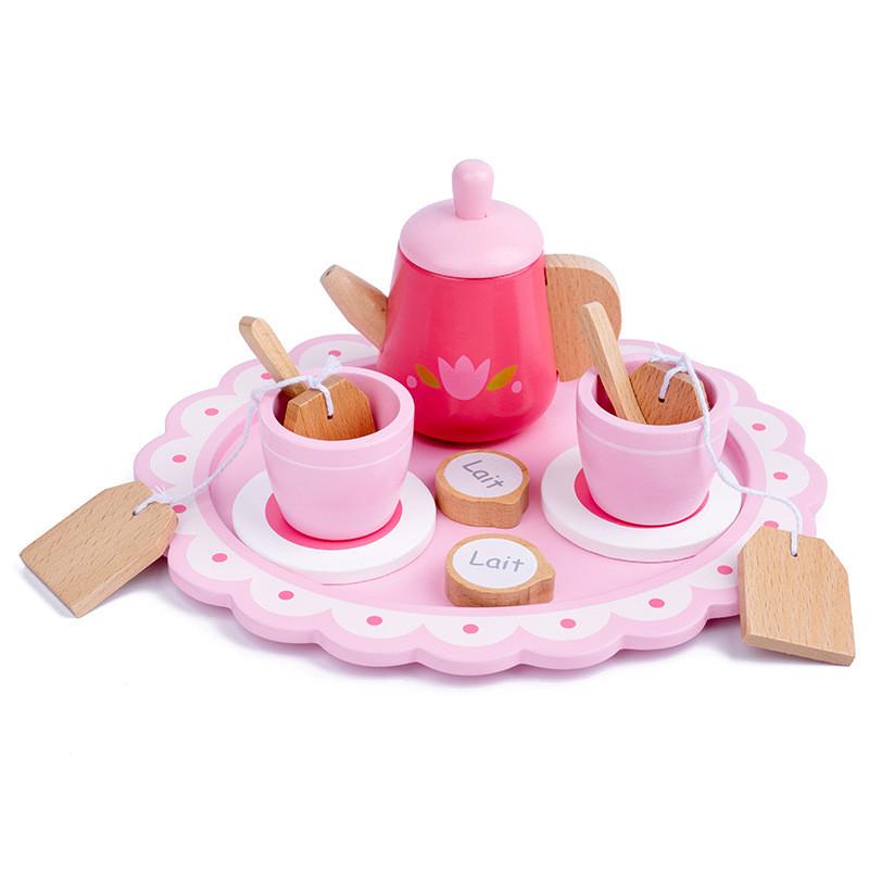 Wooden Pink Teapot Tea Cup Afternoon Tea Set Children Toy Roleplaying For