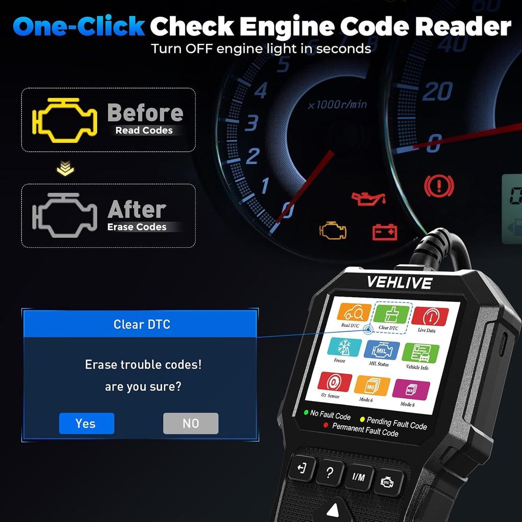 Диагностический сканер OBD2, Считыватель кодов неисправностей двигателя автомобиля с функцией сброса, Тестер аккумулятора, Прямые данные, Стоп-кадр, Готовность к прохождению техосмотра (I/M Readiness), Автосканер