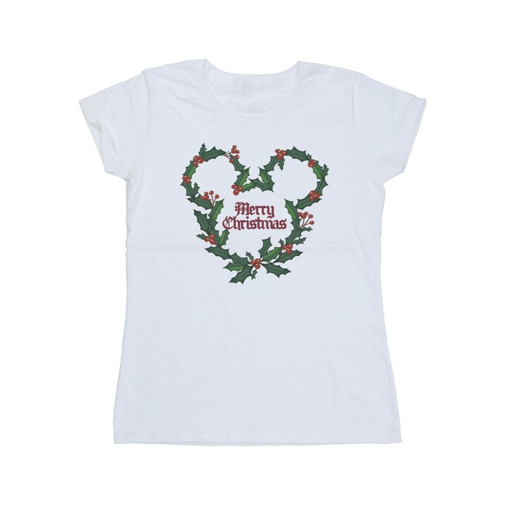 Disney Womens/Ladies Mickey Mouse Merry Christmas Holly Cotton T-Shirt