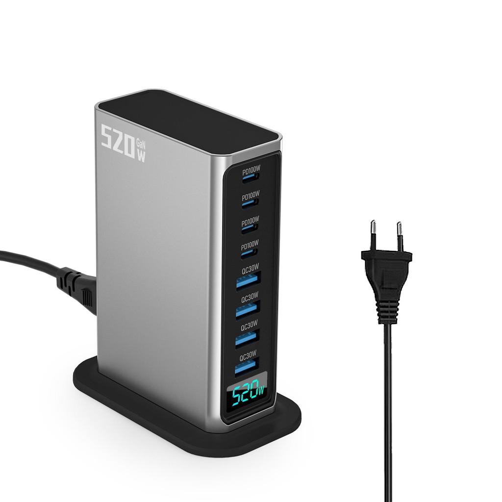 High-End 520W GaN Charger: Fast 8-Port Desktop Station with AI Digital Display