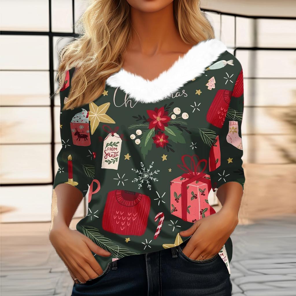Женская мода с длинным рукавом и рождественским принтом, праздничный воротник, V-образный вырез