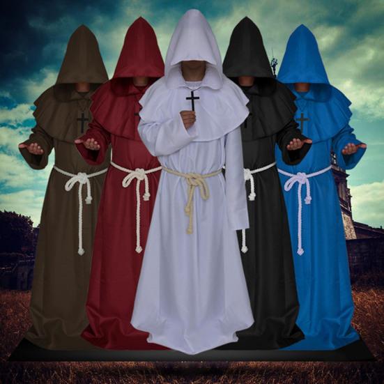 Friar Medieval Hooded Robe Monk Renaissance Priest Costume Halloween Wizard Sorcerer Cosplay Cloak for Adults
