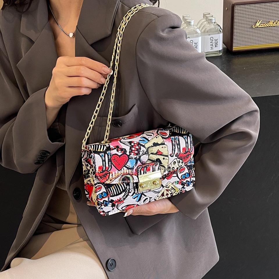 Женская мода Граффити Маленькая сумка 2024 Лето Дамы Клапан Телефон Вечерний Клатч Кошелек Сумки Через Плечо Для Женщин Цепи Сумки На Плечо