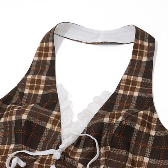 Yousheng Sexy Vest Halter Lace-up без рукавов с открытой спиной клетчатый узор топы с кружевным декором Slim Fit французский стиль топы