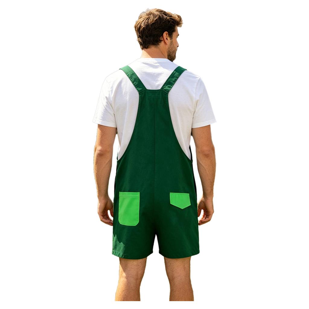 S-XXL Men Cartoon Dinosaur Printed Overalls Pajamas Back Color Blocking Pockets Adjustable Straps Bib Shorts Rompers Sleepwear