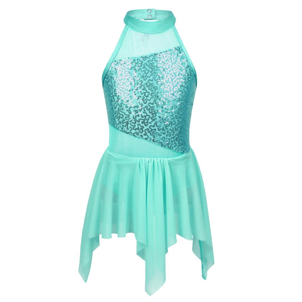 Kids Girls Sleeveless Shiny Sequins Asymmetrical Hem Ballerina Lyrical Modern Dance Leotard Dress