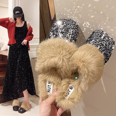 Плюшевые тапочки для женщин, модные блестящие плоские пушистые тапочки Baotou, нескользящие женские туфли-мюли для дома и улицы, повседневная обувь