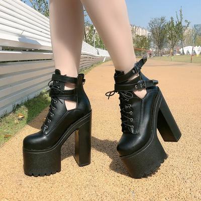Мода 15СМ Весна Осень Мода Женские Ботинки Высокие Каблуки Платформа Пряжка Шнуровка Кожаные Короткие Ботильоны Черные Женские Туфли Акция