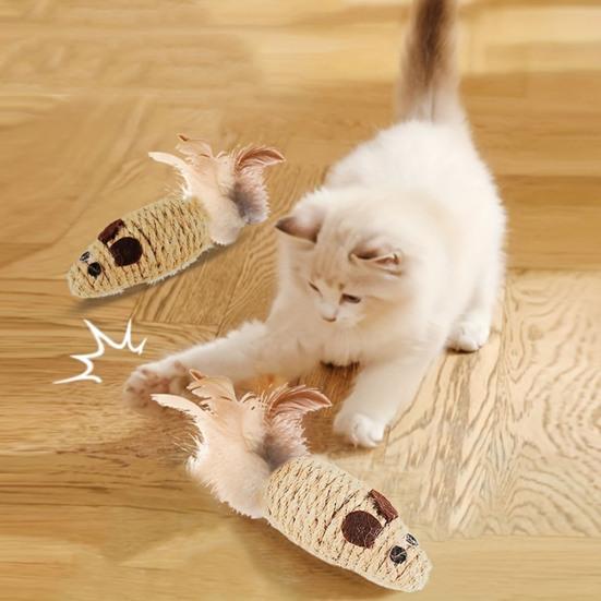 Natural Sisal Toy for Cats Handwoven Sisal Balls Mice Toys with Feather/Bell Interactive Cat Scratcher Chew Toy for Kitten Kicker