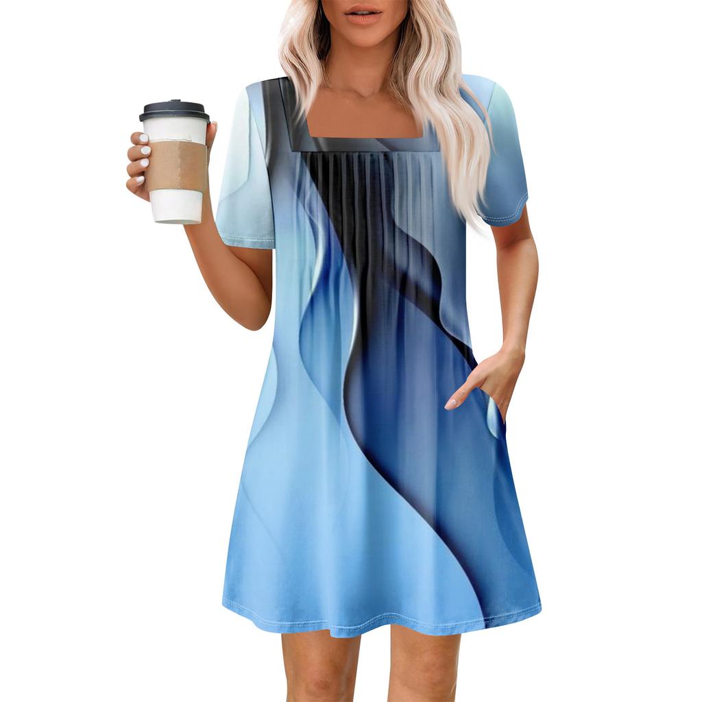 Женские летние повседневные платья с квадратным вырезом, плиссировкой спереди и карманом, с короткими рукавами и принтом