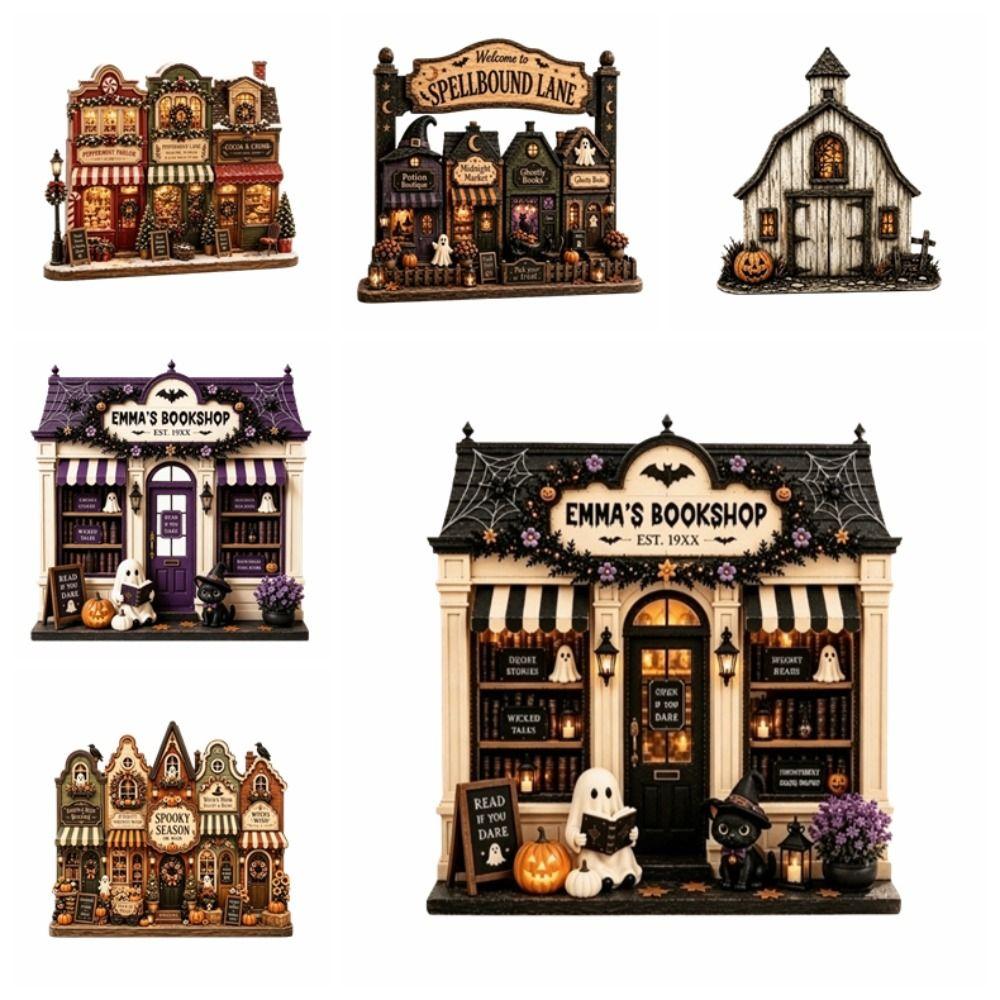 Wooden Haunted House Village Ornament Pumpkin Halloween Decor Statue Halloween Ornaments Farmhouse