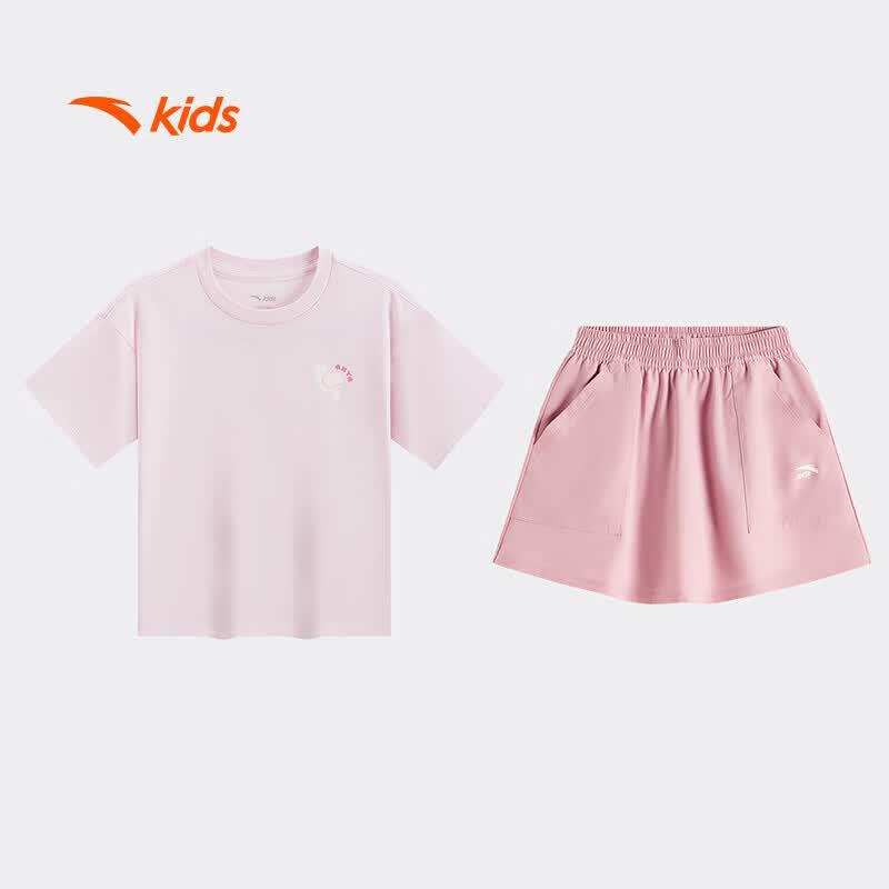 ANTA Kids' Summer Pure Cotton Short Sleeve Skirt Sports Set