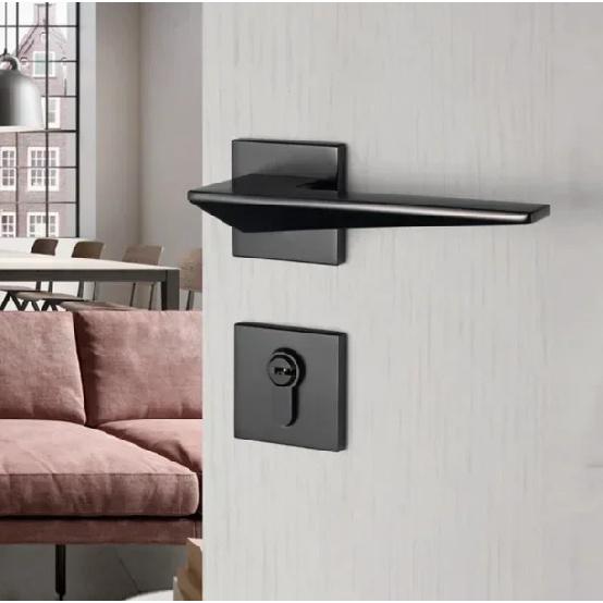 1 set of indoor silent door lock aluminum alloy Nordic minimalist bedroom split wooden door handle lock with key included