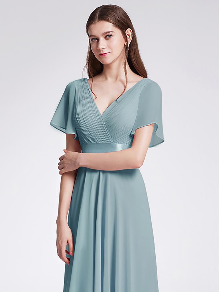 Ever-Pretty Women's Double V-Neck Empire Waist Floor Length Chiffon Evening Dresses with Short Flutter Sleeves