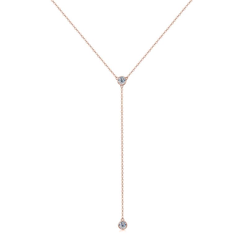 925 Sterling Silver Y-Shaped Tassel Pendant Necklace with 4mm 0.3CT Round Cut Moissanite Simple Bezel Setting