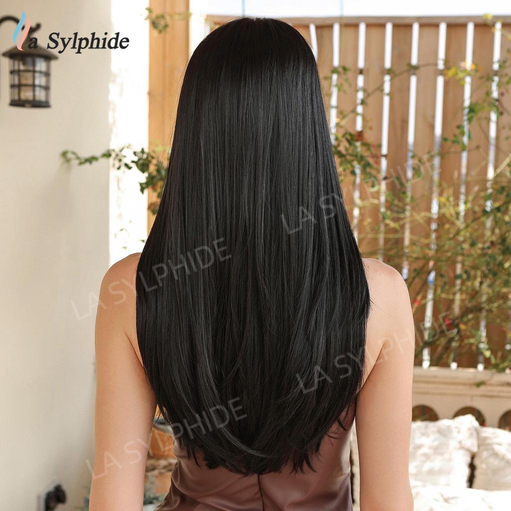 Women's Cross-Border Wigs: Long Straight Hair with Bangs, High-Temp Synthetic, Full Coverage, Available In Black, Red-Brown, Orange, and Pink.