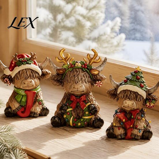 Garland Bow Animal Decor 2/3Pcs Christmas Highland Cow Wooden Tabletop Sign, 2D Flat Yak Retro Cartoon Style Ornaments Figurine Ornament with