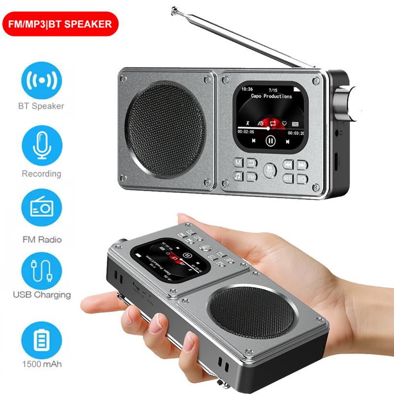 Портативный FM-радио MP3 Беспроводной BT5.4 Bluetooth-динамик с ЖК-экраном Часы Тексты песен Дисплей Антенна AUX вход, TF карта, видео
