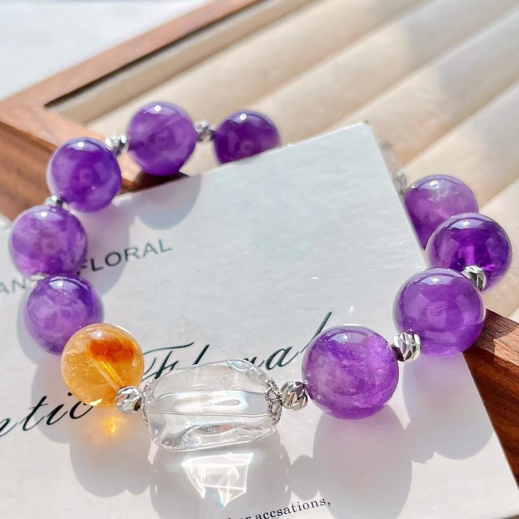 12Mm Natural Amethyst White Crystal Citrine Bracelet Bracelet