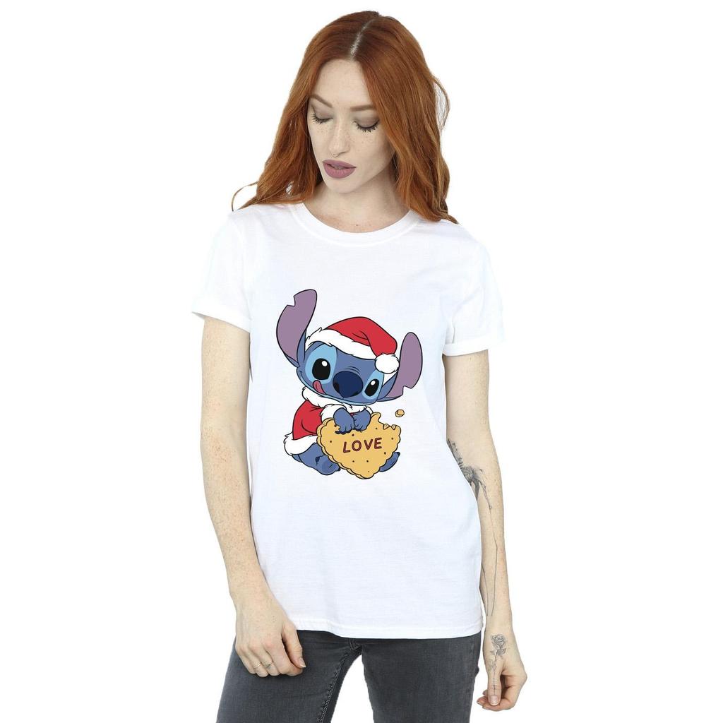 Disney Womens/Ladies Lilo And Stitch Christmas Love Biscuit Cotton Boyfriend T-Shirt