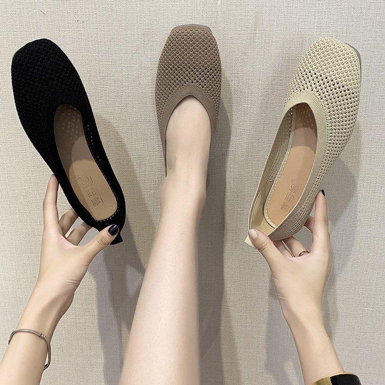 Fashion 2024Spring Summer Ballet Flats Women Casual Knit Fabric Stretchy Square Toe Flat Heel Boat Shoes