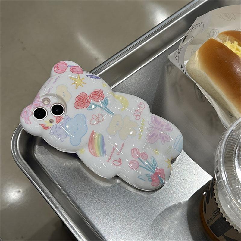 Корейский милый чехол с рисунком граффити и цветком 3d мультяшного медведя для Iphone 14 13 12 11 Pro Max, глянцевый противоударный мягкий чехол с милыми животными