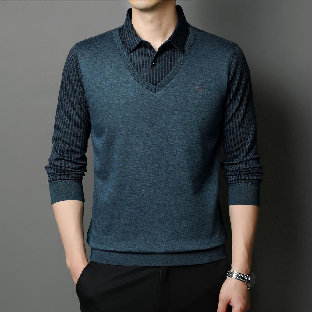 Business Casual Men's Middle-aged Fashion Pullover Men's Sweater Fake Two Pieces Autumn New Shirt Collar Sweater