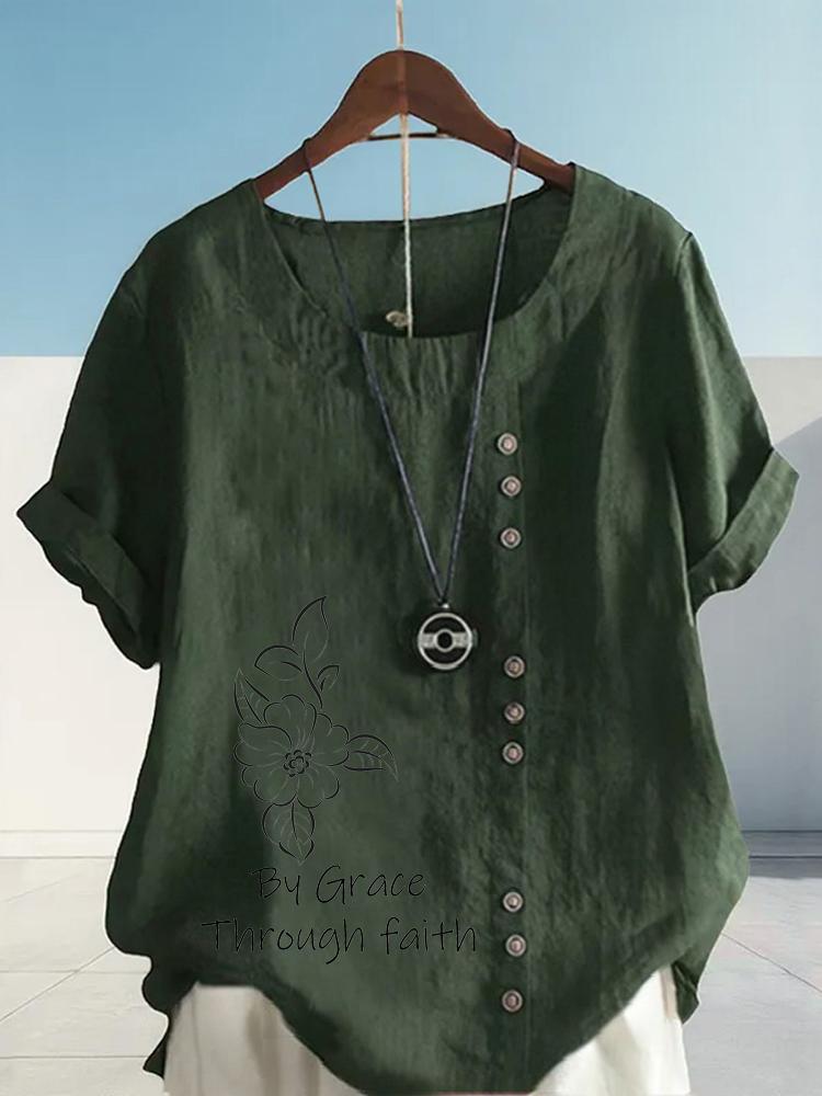 Women's Fashion Black Floral Letter Lines Print Round Neck Short Sleeve T-shirt Summer Casual Cotton Linen Graphic Shirt Leisure Loose Blouse Tops