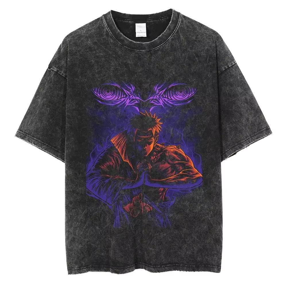 Anime Naruto TShirt Manga Retro Washed Version Kakashi TShirt Pain TShirt Lee Tobi Top Mens Cotton Streetwear