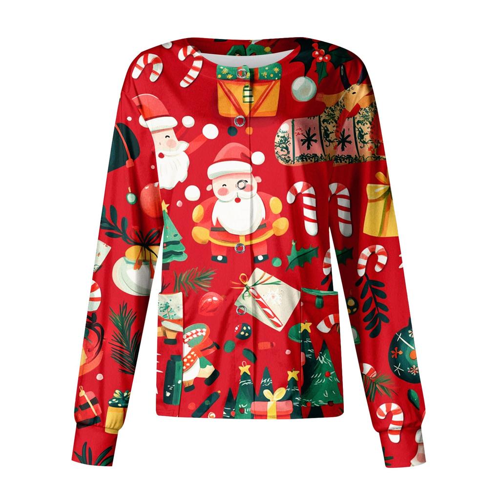 Women's Casual Long Sleeve Single Breasted Christmas Printed Dry-nurse Top