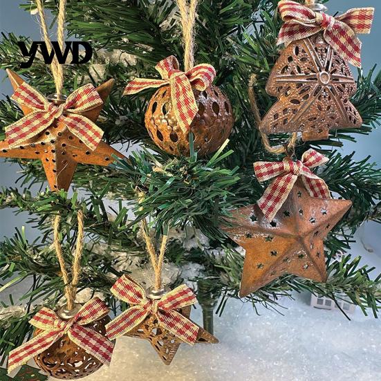 Indoor Winter Festival Hanging Ornaments 6 Pcs Rusty Iron Christmas Ornaments, Hollow Metal Tree Star Heart Rustic Fireplace Garland Decorations Ball