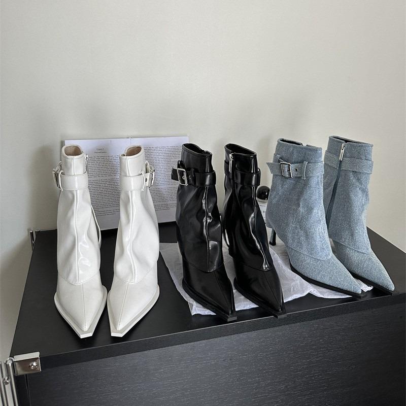 Новый Дизайн Джинсовые Ботильоны на Тонком Каблуке с Пряжкой и Молнией, Заостренный Носок, Банкетные Женские Туфли, Zapatillas Mujer