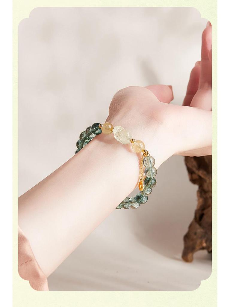 Sterling Silver Lemon Crystal & Green Phantom Quartz Beaded Bracelet for Women - Light Luxury Pixiu Design