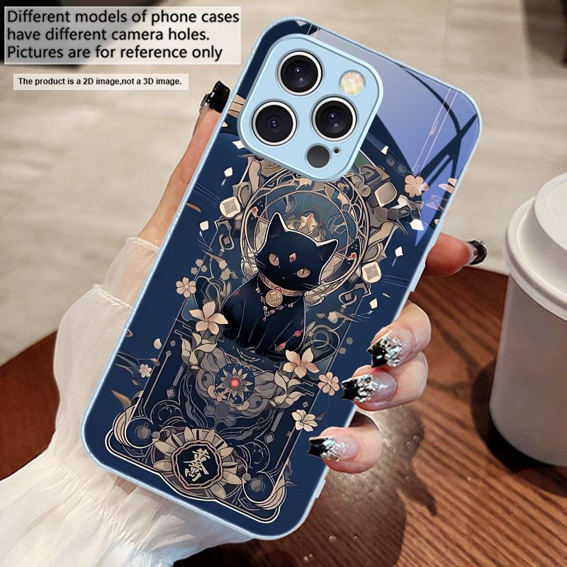 Фэнтези Счастливый Кот Синий для iPhone 17 Air 16 E 15 14 13 Plus 12 mini 11 17 Pro Max XR Xs Max 16E X 7 8 Чехол для телефона из закаленного стекла