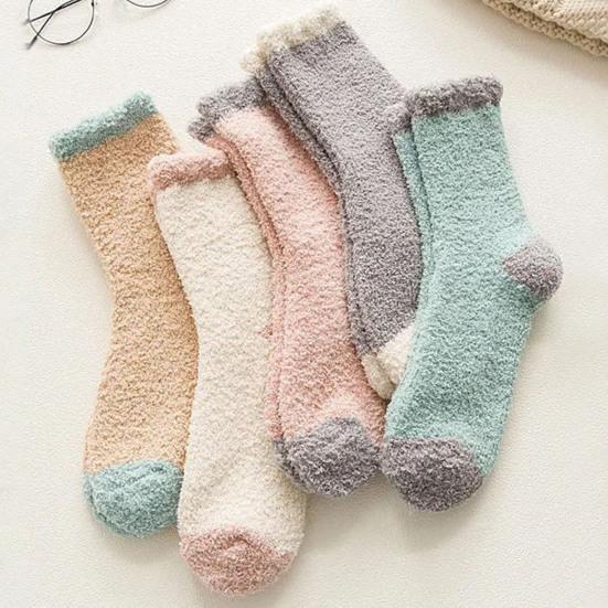 5 пар зимних носков из толстой микрофибры, разноцветные, средней длины, размер 6-10, противоскользящие, высокоэластичные, сохраняющие тепло, пушистые носки для сна