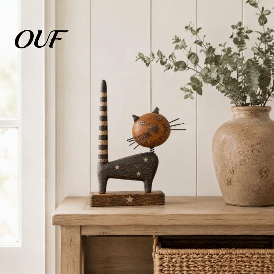 Rustic Farmhouse Table Decor Wooden Cat Ornament with Spring Shaking Head for Tabletop Decor, Handcrafted Retro Folk Art Animal Statue Desk