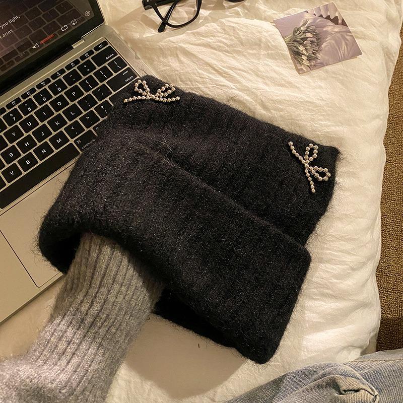 Women S Korean Style Bow Knit Hat For Winter Large Head Size Warm Beanie
