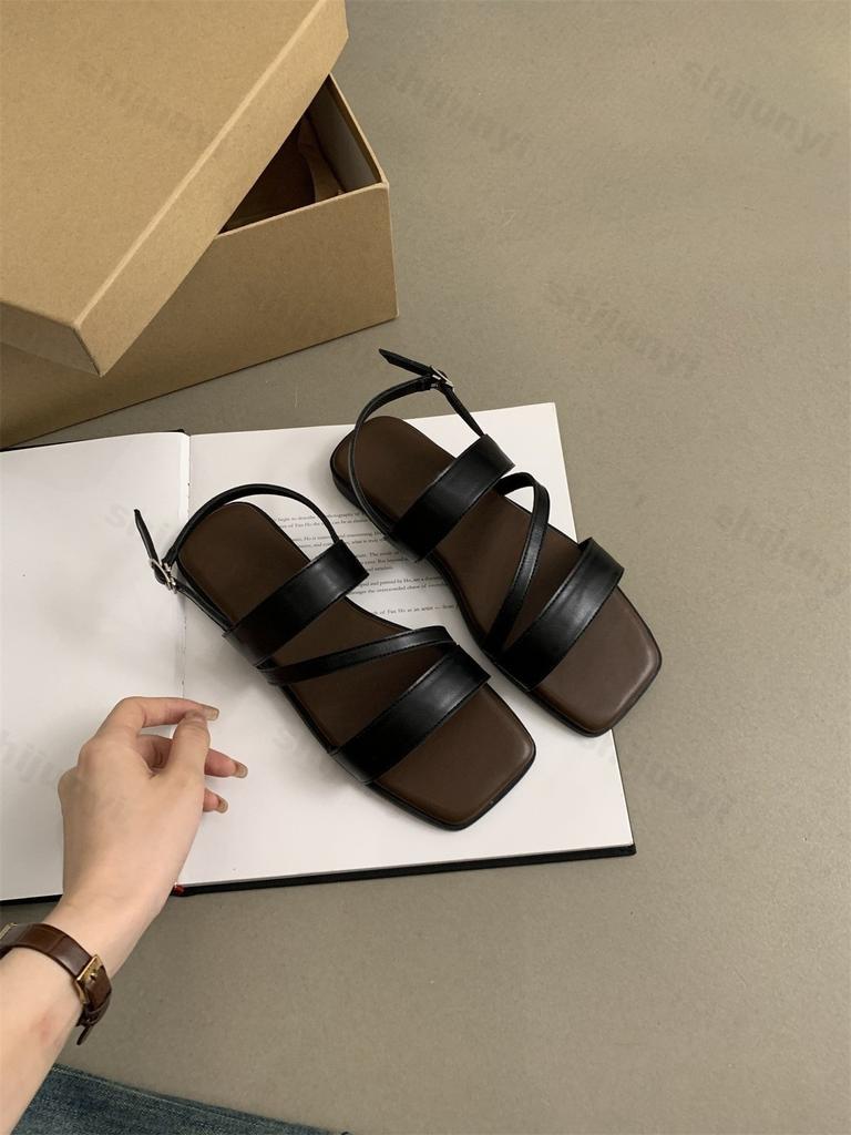 Модные сандалии в римском стиле, ретро, с открытым носком, повседневные, на плоской подошве, для женщин, лето 2025, удобные, универсальные, с ремешком сзади, модные, пляжные, крутые туфли