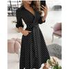 Women's Spring Summer Fashion V-neck Lace-up Long Sleeve Dress with Printed Hip Wrap Long Skirt Clothing