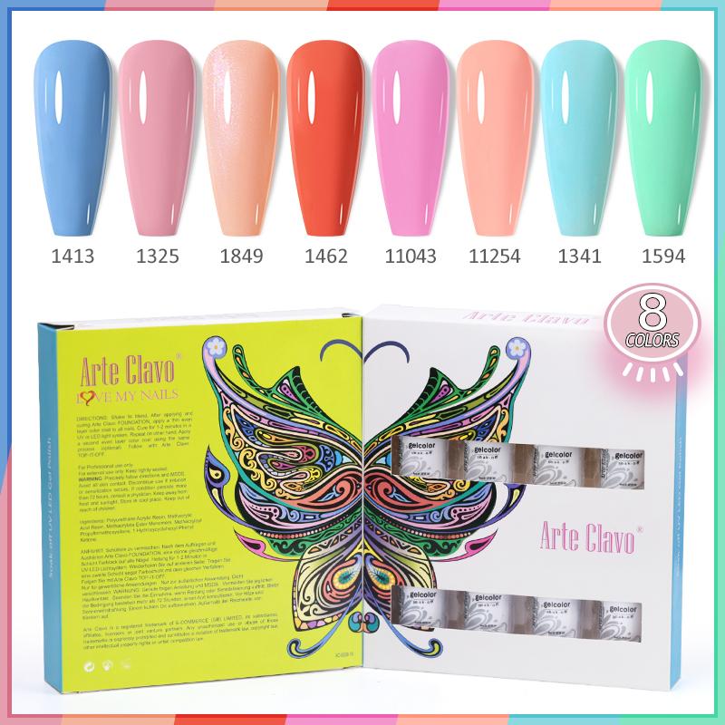 Arte Clavo 8 бутылок/набор, высококачественный блестящий гель-лак для ногтей для маникюра, гель-лак для дизайна ногтей, верхнее базовое покрытие, лак